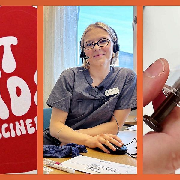 Tredelad bild. Vänster: text ”Kåt, glad, HPV-vaccinerad”. Mitten: vårdpersonal vid skrivbord. Höger: hand håller spruta.