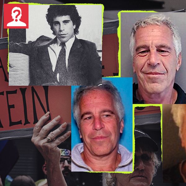 Jeffrey Epstein syns på bild med skylten ”Release Epstein” i bakgrunden.