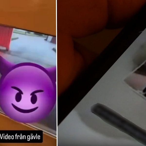 Delad bild. Vänster: skärm med lila djävuls-emoji. Höger: bild på ett fotografi som någon urinerar på