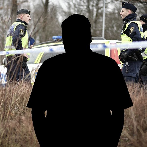 Silhuett framför en bild på poliser vid brottsplatsen.