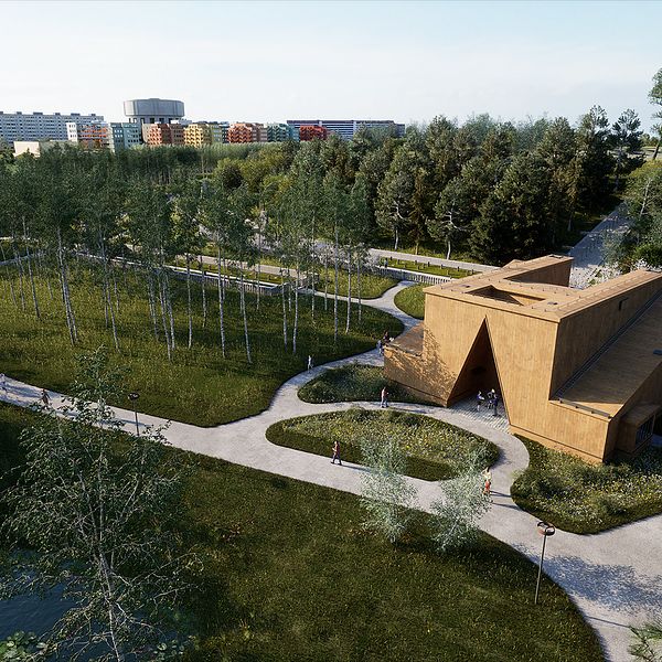 Visionsbild över hur Stockholm stad tror att den nya begravningsplatsen kommer att se ut när den är klar. Ceremonibyggnaden med Tensta vattentorn i horisonten.