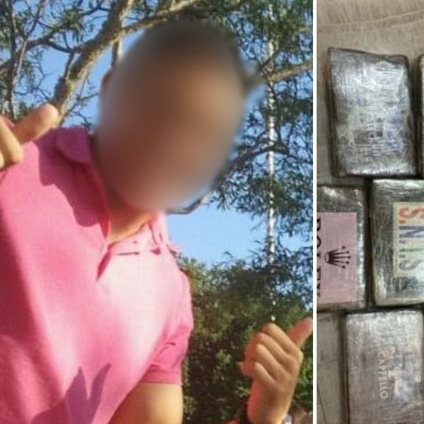 Tvådelad bild. Till vänster: man med suddat ansikte i rosa tröja. Till höger: packade kakor narkotika.