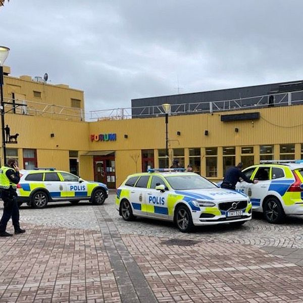 Polisbilar parkerade utanför ett bibliotek, med polispersonal som arbetar på plats. Omgivningen är en torgliknande yta med träd och byggnader i bakgrunden. Det är mulet väder.