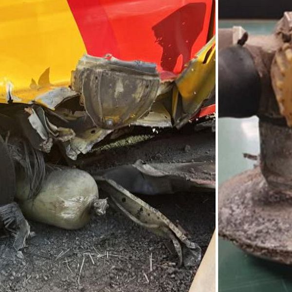 En splitbild där vänter bild föreställer en exploderad gastank på en gasbuss. Den högra bilder föreställer en ventil från en gastank som exploderat.