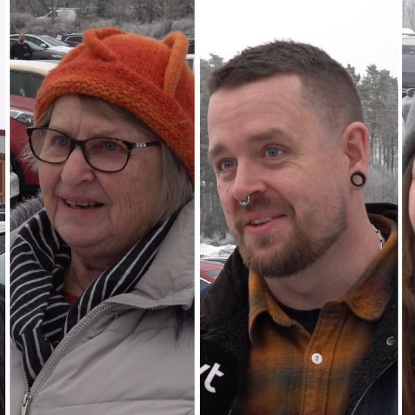 Fyra personer utomhus i vintermiljö, klädda i varma jackor och mössor, syns i olika sektioner av bilden. Flaggor och snöklädda träd finns i bakgrunden.