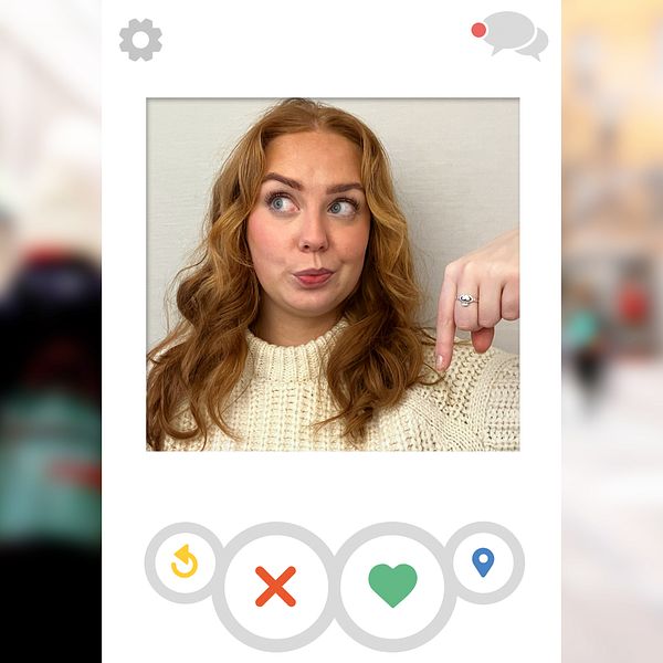 Kvinna pekar ner mot Tinderskylt