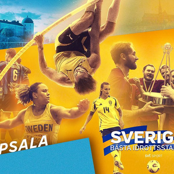 Affisch med Uppsala-idrottare, bland andra Duplantis, Kamga och Björn, för Sveriges bästa idrottsstad 2026