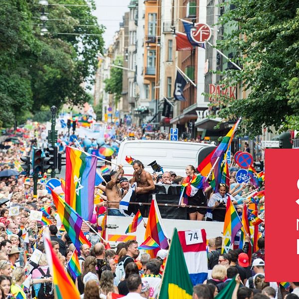 Prideparad i Stockholm med SVT Nyheter Direkt och regnbågsflaggor
