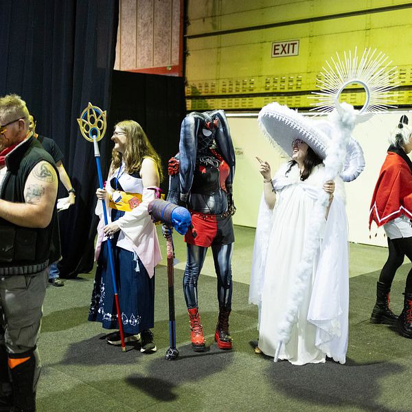 Personer klädda i fantasifulla cosplaydräkter står samlade inomhus.