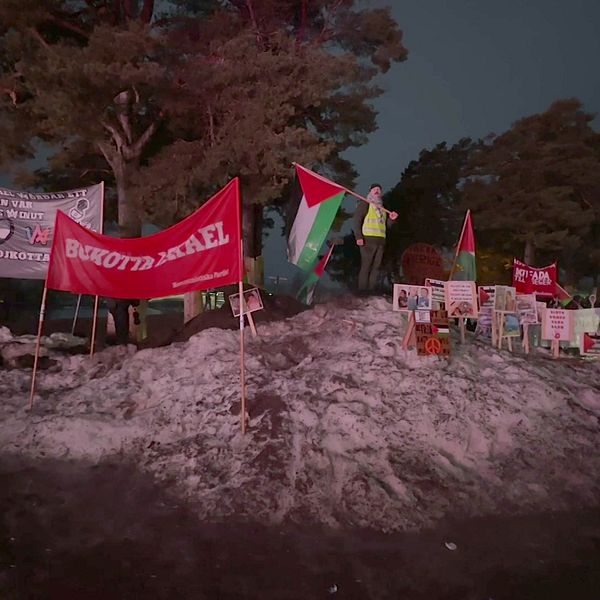 En pro-palestinsk demonstration hölls utanför Löfbergs Arena inför Melodifestivalens sista deltävling.