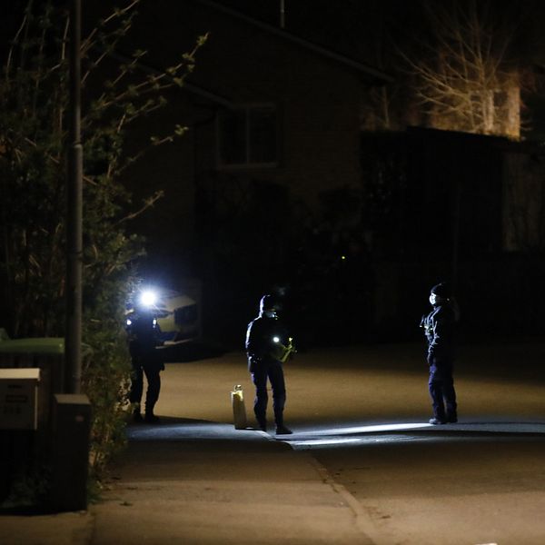 Polis undersöker en mörk bostadsgata med ficklampor under natten.