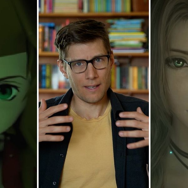 Två bilder ur spelet Final Fantasy 7 och speljournalisten Anton Vretander