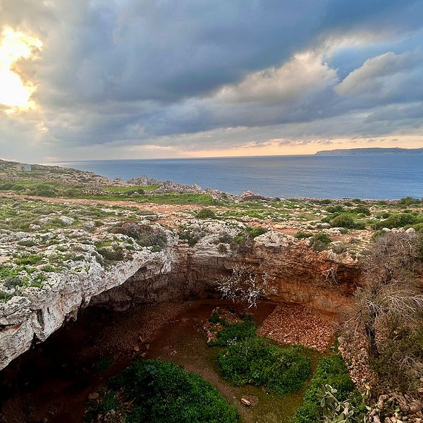 Utsikt över kustlandskap på Malta  med grotta, vegetation och hav under molnigt himmel.
