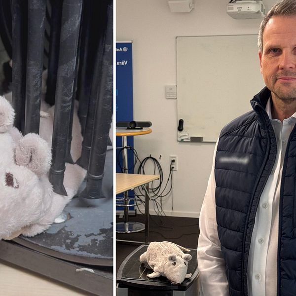 En delad bild: Till vänster visas en sliten leksaksmus placerad i vad som ser ut att vara en eldstad eller spis. Till höger står en man i vita skjorta och mörkblå väst framför ett skrivbord där samma leksaksmus är placerad.