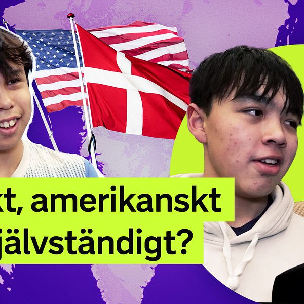 Tredelad bild. Vänster: dansk och amerikansk flagga. Mitten och höger: frågan ”Danskt, amerikanskt eller självständigt?”. Ungdomar från Grönland får frågan om hur de vill att landets framtid ska se ut.