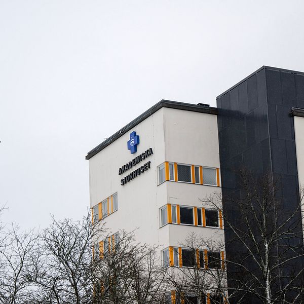 Sjukhusbyggnad på Akademiska med logotyp och gula fönster, trädgrenar i förgrunden.