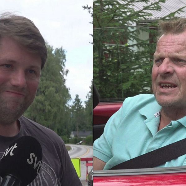 Tvådelad bild. Vänster: person håller mikrofon framför hus. Höger: person i röd bil.