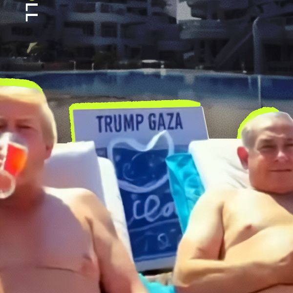 En AI-genererad bild från Donald Trumps instagramkonto, som visar hur han tillsammans med Israels premiärminister Benjamin Netanyahu ligger iklädd badbyxor i en solstol vid en pool. I handen har dom varsin dryck.