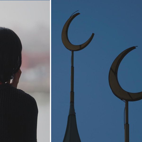 Kvinna pratar i telefon och moskésymbol.