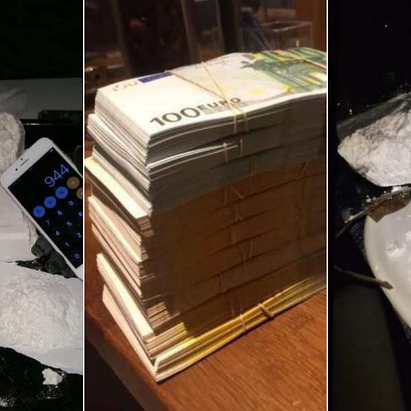 Bild med tre sektioner som visar relaterade teman: 1. En yta med vit substans och en smartphone, antas vara ett slags pulver. 2. En hög med buntade sedlar som visar en stapel av 100-euro-sedlar. 3. En tallrik med vit substans som liknar det i första sektionen, med en sked som ligger bredvid.