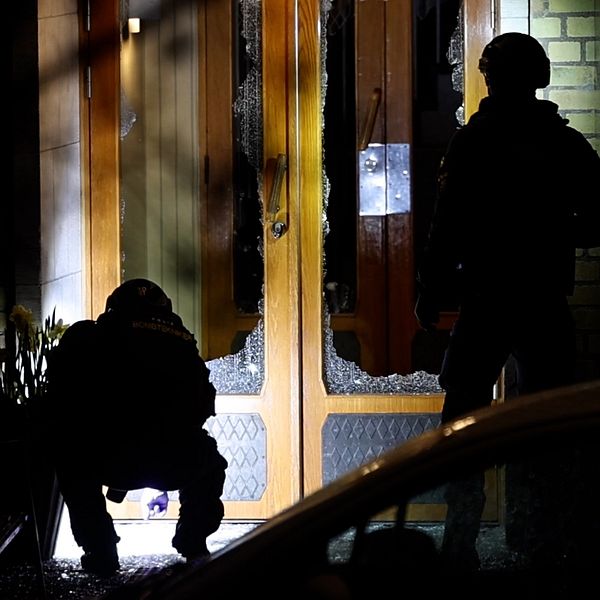 Två poliser i skugga vid en dörr under kvällen, en hukar och en står upprätt.