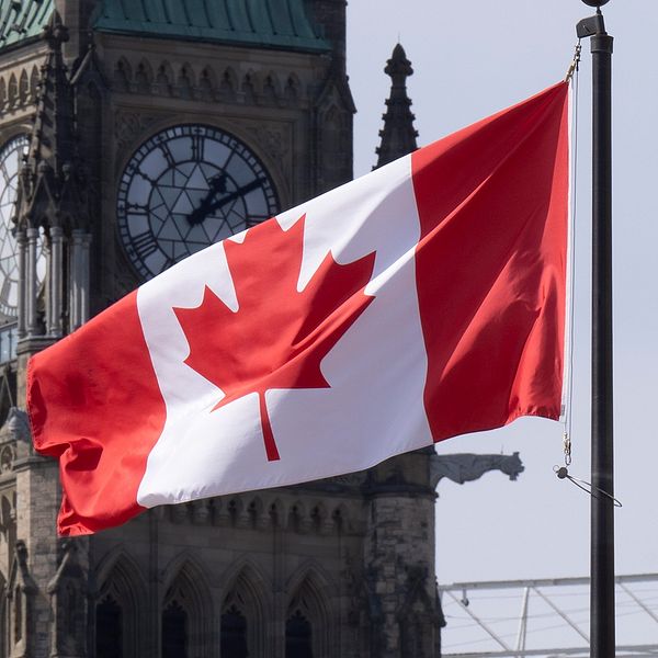 Kanadensisk flagga vajar framför parlamentsbyggnadens klocktorn i Ottawa.