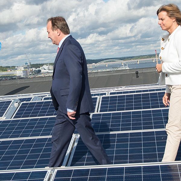 Stefan Löfven (S) och Isabella lövin (MP) bland solceller på tak.