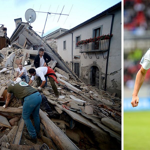 Förödelse efter jordbävning i Italien och bild på Melker Hallberg som befinner sig i Italien.