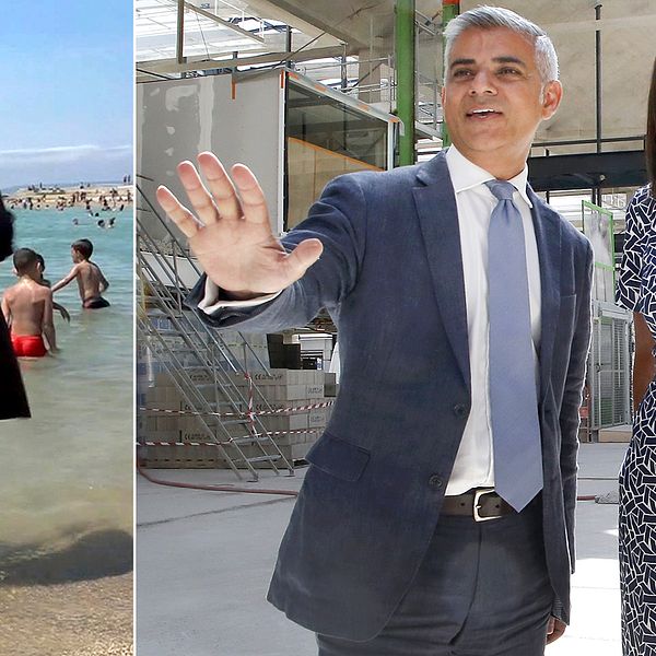 Paris borgmästare Anne Hidalgo (till höger) tog emot Londons motsvarighet, Sadiq Khan, i den franska huvudstaden – vid pressträffen fick de båda borgmästarna frågor om hur de ställer sig de burkini-förbud som införts i flera franska kommuner.