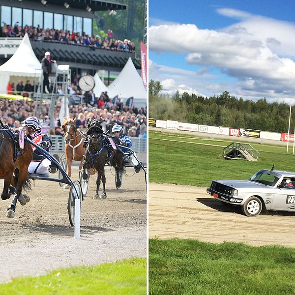 hästar i travlopp, rallybil kör på travbana