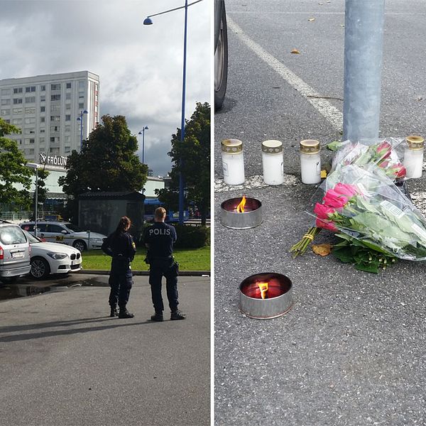 Poliser vid Frölunda torg och blommor.