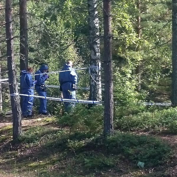 poliser i skogen vid avspärrning