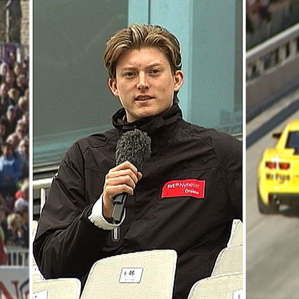 Fotomontage med SVT:s reporter och bilder från Race Day 2014