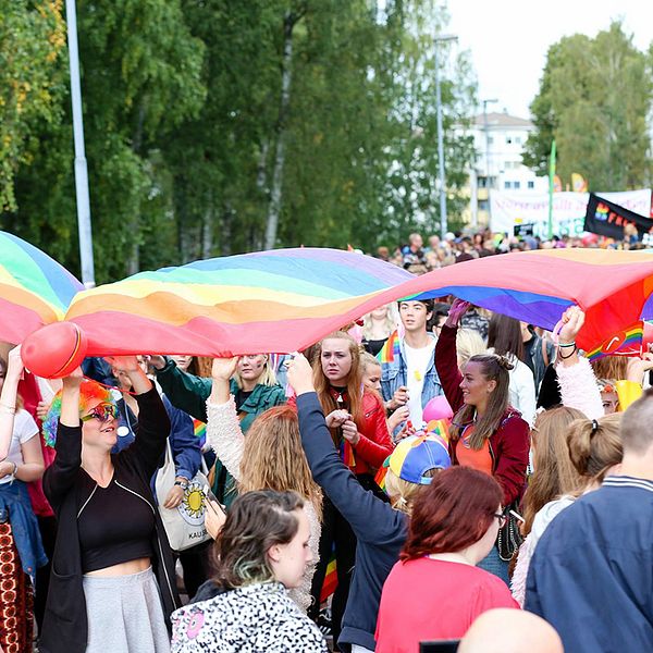Unga människor med en regnbågsflagga.