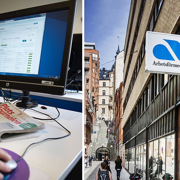 En person som sitter framför en dataskärm och en fasadbild på en av arbetsförmedlingens lokaler.