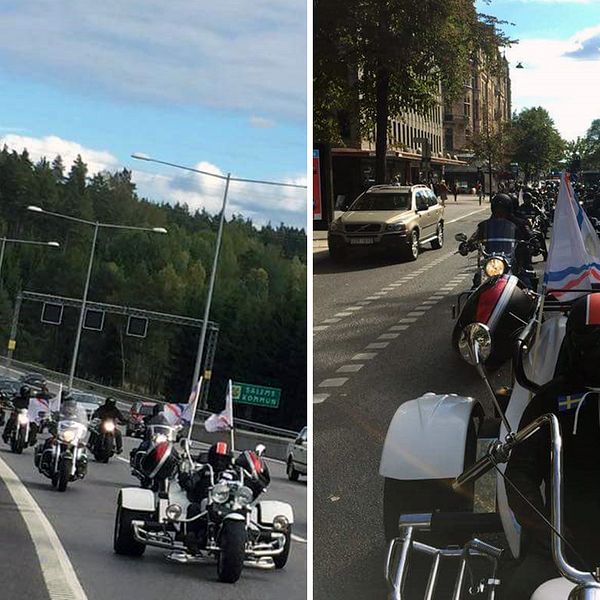 Ett 50-tal motorcyklar på motorvägen.