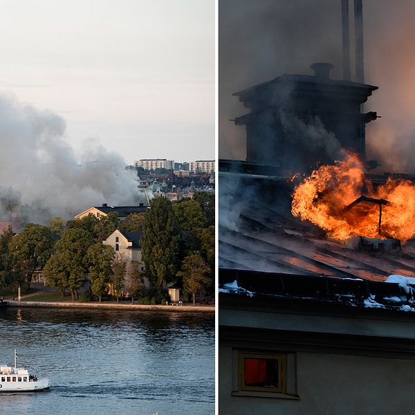 Vy över Stockholm och brandmän på taket