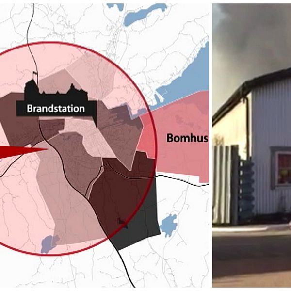 Ett kollage som visar var Bomhus ligger och en bils på en brandbil.