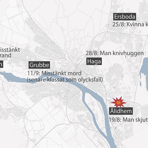 karta över våldsbrott i Umeå och Robertsfors.