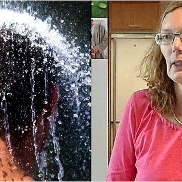 Man i dusch samt Susanne Bjergegaard Pettersson, chef på vattenenheten vid Region Gotland.