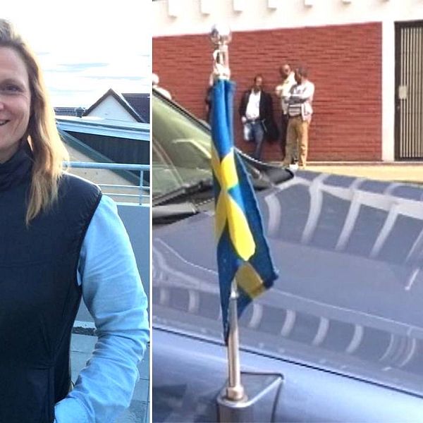 bild på en kvinna som ler, bild med en bilhuv med svensk flagga fäst på i förgrunden, några personer i bakgrunden