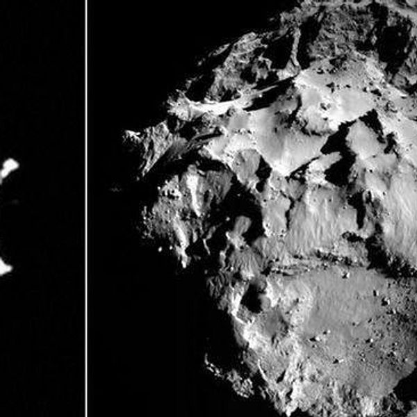 Rymdsonden Rosetta och en bild på kometen 67P Tjurjumov-Gerasimenko.