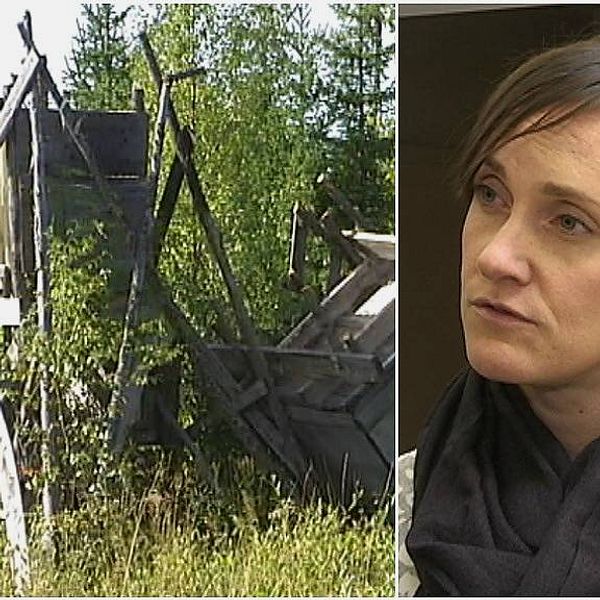 till vänster bild på ett förstört jakttorn, till höger bild på mörkhårig kvinna som är åklagaren Jenny Örn