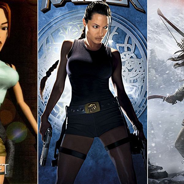 En ikons evolution: Lara Croft i det allra första Tomb Raider-spelet 1996, Angelina Jolies porträttering i filmen från 2001 och Croft idag, i 2015 års ”Rise of the Tomb Raider”.