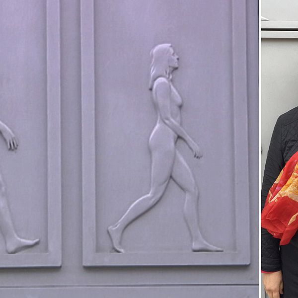 Montage. Fasadplattorna på det nya huset Eldaren i Uppsala är en man och en kvinna avbildade. Porträtt på Anna Söderbäck,