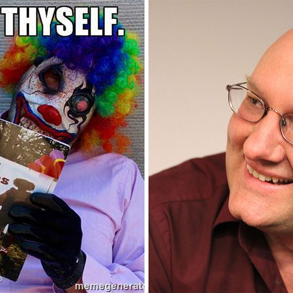 Vänster: Clown läser boken Bad Clowns. Höger: Författaren Ben Radford.
