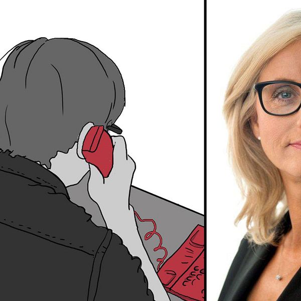 En illustrerad bild av en person som ringer i telefon och en porträttbild av polisenhetschefen Anna-Karin Gustafsson Åström.