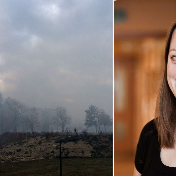 Bild på branden i Ekokems anläggning samt miljöansvariga Hanna Eriksen.