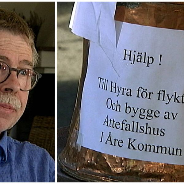 Man med glasögon och bild på en insamlingsbössa med texten ”Hjälp! Till hyra för flyktingar och bygge av Attefallshus i Åre kommun”