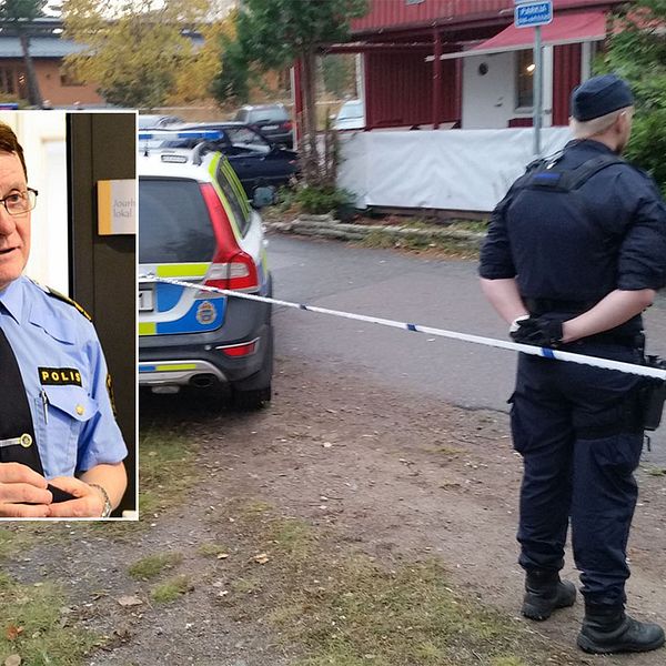 Fotomontage, Porträtt på Uppsalapolisens presstalesperson Christer Nordström och en bild från den avspärrade plats där den 20-åriga mannen hittades skadad.